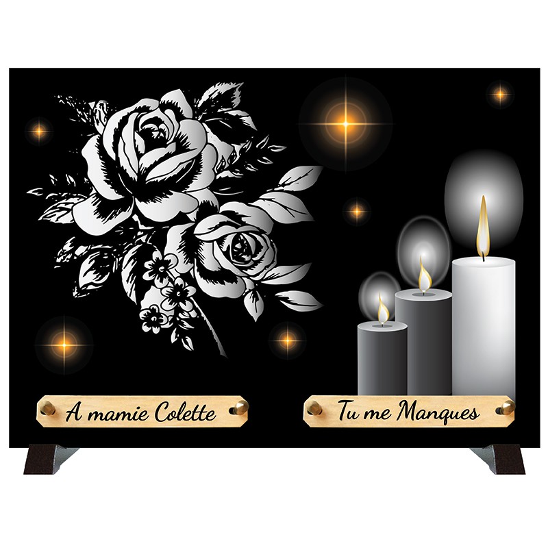 Plaque funéraire bougies et fleurs avec parchemin